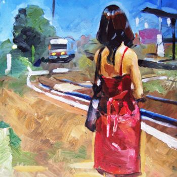Painting titled "Approaching train" by Stan Bigda, Original Artwork, Oil