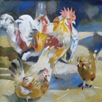 Pintura intitulada "Roosters and Hens" por Stan Bigda, Obras de arte originais, Óleo