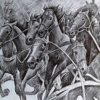 Drawing titled "Bolting Horses" by Stan Bigda, Original Artwork, Ink