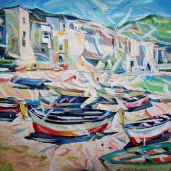 Malerei mit dem Titel "Boats and seagulls" von Stan Bigda, Original-Kunstwerk, Öl