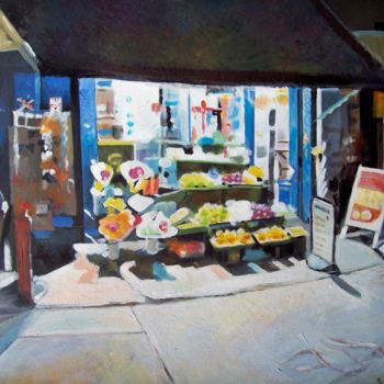 Malarstwo zatytułowany „Night shop at Paddi…” autorstwa Stan Bigda, Oryginalna praca, Olej