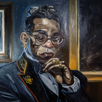 Painting titled "Dr. Afolabi" by Stanislav Dasiukevich, Original Artwork, Oil Mounted on Wood Stretcher frame