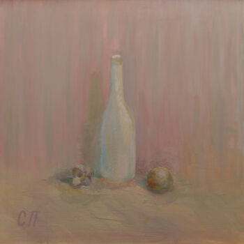Schilderij getiteld "Бутылка, лук и чесн…" door Stanislav Polikarpov, Origineel Kunstwerk, Olie