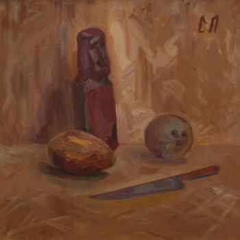 Картина под названием "Идол, нож и кокосы" - Станислав Поликарпов, Подлинное произведение искусства, Масло