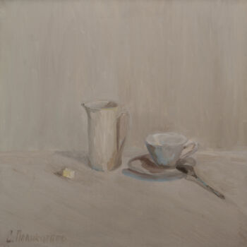 Картина под названием "Молочник, чашка и с…" - Станислав Поликарпов, Подлинное произведение искусства, Масло
