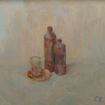 Картина под названием "Бутылки, блюдце и с…" - Станислав Поликарпов, Подлинное произведение искусства, Масло