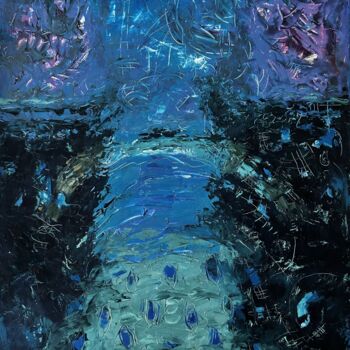 Painting titled "Lake at night" by Stanislav Yushkov, Original Artwork, Oil Mounted on Wood Stretcher frame