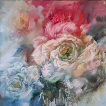 Painting titled "Flowers" by Stanislavas Sugintas, Original Artwork, Oil Mounted on Wood Stretcher frame