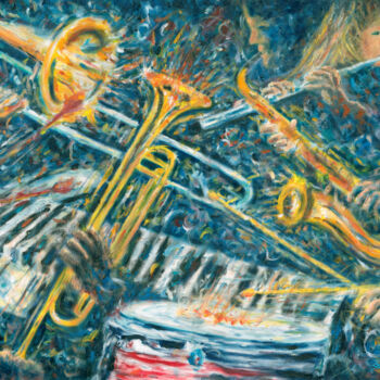 Painting titled "Musicians" by Stan Sweeney, Original Artwork, Oil Mounted on Wood Stretcher frame