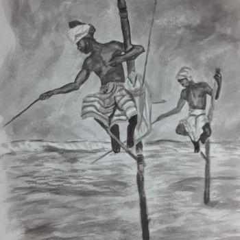 「Pêcheurs Sri Lankais」というタイトルの絵画 Joel Massauによって, オリジナルのアートワーク, インク