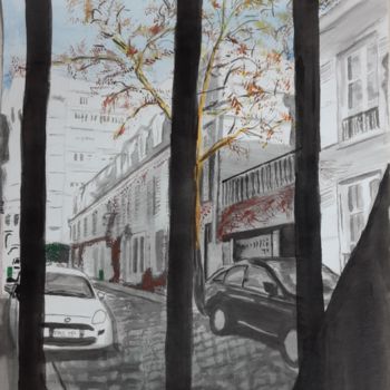 Malerei mit dem Titel "La rue en prison" von Joel Massau, Original-Kunstwerk, Gouache