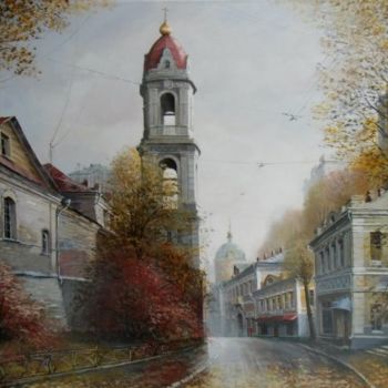 Schilderij getiteld "Рождественская улиц…" door Aleksandr Starodubov, Origineel Kunstwerk, Olie