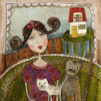Schilderij getiteld "Princess and cats" door Dominika Stawarz-Burska, Origineel Kunstwerk, Olie