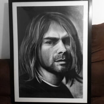 Drawing titled "Kurt Cobain Realist…" by Steeven Shaw, Original Artwork, Charcoal Mounted on Wood Stretcher frame