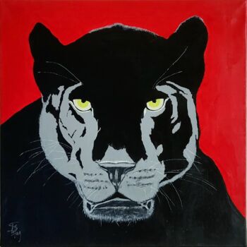 Painting titled "Black panther on re…" by Stefan, Original Artwork, Acrylic Mounted on Wood Stretcher frame