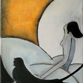 Картина под названием "La Femme au chat" - Stefan, Подлинное произведение искусства, Пастель Установлен на Деревянная рама д…