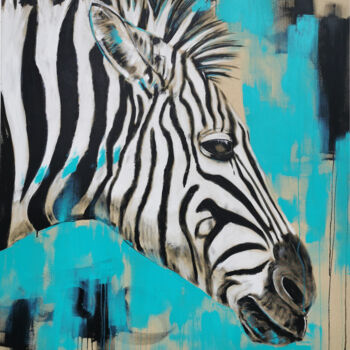 Painting titled "ZEBRA IN TURQUOISE" by Stefanie Rogge, Original Artwork, Acrylic Mounted on Wood Stretcher frame