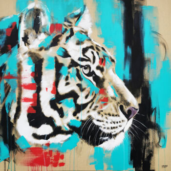 Painting titled "TIGER #11 - Big Cat" by Stefanie Rogge, Original Artwork, Acrylic Mounted on Wood Stretcher frame