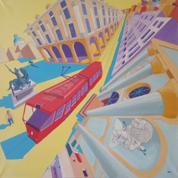 Pintura titulada "il tram rosso" por Stefano Galli, Obra de arte original, Acrílico