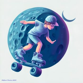 Arte digital titulada "Rollerskating Kid o…" por Stefano Pacini, Obra de arte original, Imagen generada por IA