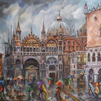 Картина под названием "San Marco - Rainy A…" - Stefano Popovski, Подлинное произведение искусства, Масло