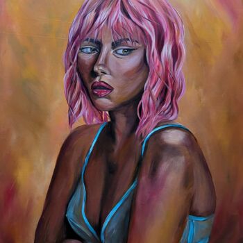 Painting titled "Pink Hair Don't Care" by Stefi Ash, Original Artwork, Acrylic Mounted on Wood Stretcher frame