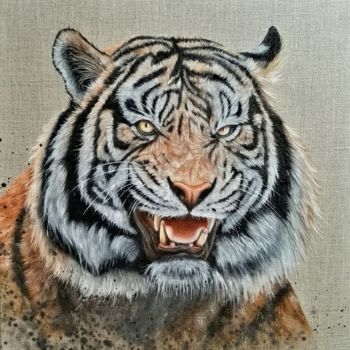 Painting titled "Le tigre huile sur…" by Steivan Loundou, Original Artwork, Oil Mounted on Wood Stretcher frame