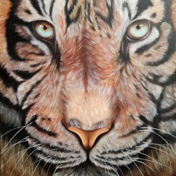 Painting titled "tigre huile sur toi…" by Steivan Loundou, Original Artwork, Oil Mounted on Wood Stretcher frame