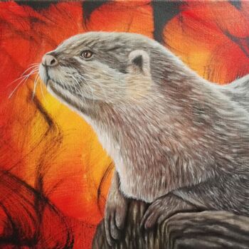 Painting titled "Loutre d'Europe hui…" by Steivan Loundou, Original Artwork, Oil Mounted on Wood Stretcher frame