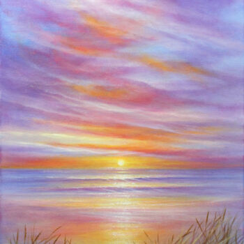 Painting titled "Summer Sunset" by Stella Dunkley, Original Artwork, Oil Mounted on Wood Stretcher frame