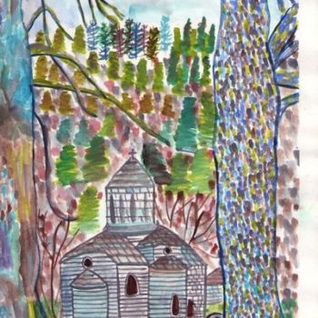 Painting titled "OLD CHURCH ON THE M…" by Stella Ambartzi, Original Artwork