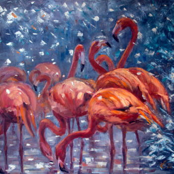 Картина под названием "Фламинго в снегу" - Андрей Семенов, Подлинное произведение искусства, Масло