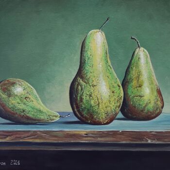 Painting titled "Three Pears in Harm…" by Stepan Ohanyan, Original Artwork, Oil Mounted on Wood Stretcher frame
