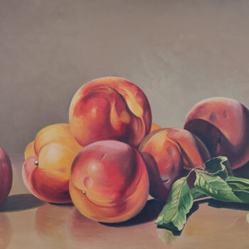 Painting titled "Sun-Kissed Peaches" by Stepan Ohanyan, Original Artwork, Oil Mounted on Wood Stretcher frame