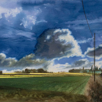 Painting titled "Plaine & nuages" by Stéphan Swolfs, Original Artwork, Watercolor