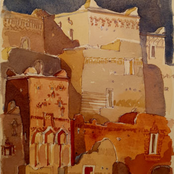 Painting titled "Kashbas, Maroc" by Stephane Cazenave, Original Artwork, Watercolor