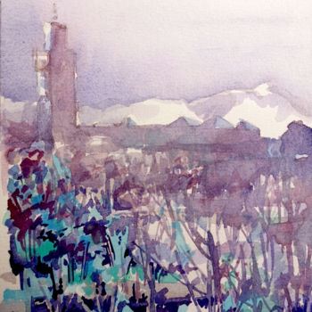 Painting titled "la Koutoubia, Marra…" by Stephane Cazenave, Original Artwork, Watercolor