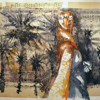 Malerei mit dem Titel "La Femme au portable" von Stephane Cazenave, Original-Kunstwerk, Aquarell