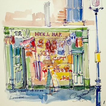 Malerei mit dem Titel "Heel bar London" von Stephane Cazenave, Original-Kunstwerk, Aquarell