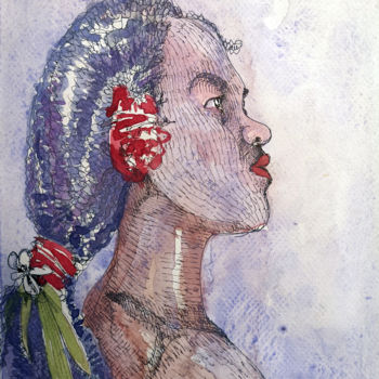 제목이 "Vahiné   à la fleur…"인 미술작품 Stephane Cazenave로, 원작, 수채화