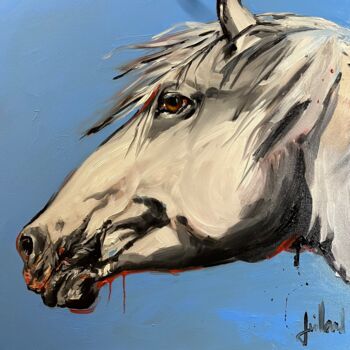 Painting titled "Cheval Blanc sur bl…" by Stéphane Juillard, Original Artwork, Oil