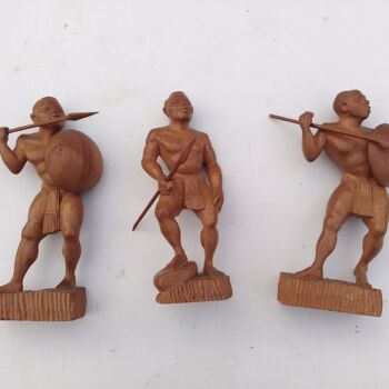 Sculpture titled "3 guerriers de Mada…" by Stephane Renaud, Original Artwork, Wood