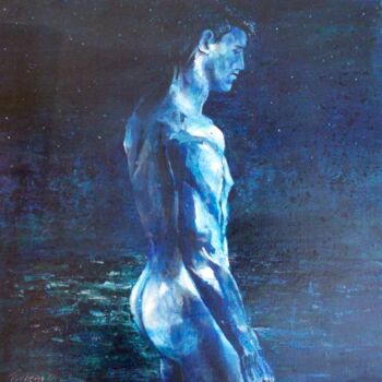 「Blue Night」というタイトルの絵画 Stephane Texereauによって, オリジナルのアートワーク, アクリル ウッドストレッチャーフレームにマウント