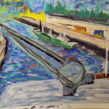Peinture intitulée "grue dans le port d…" par Stephane Thery, Œuvre d'art originale, Pastel