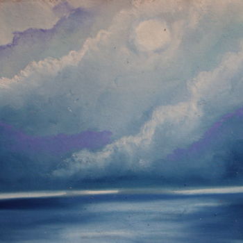 Painting titled "lune sur la mer" by Stephane Thery, Original Artwork, Pastel
