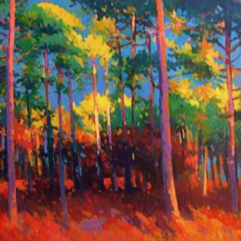 Malerei mit dem Titel "Forêt de pins en au…" von Stéphane Le Lay, Original-Kunstwerk, Acryl