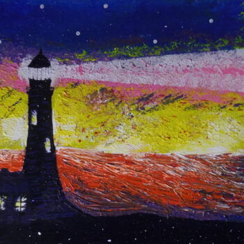 Painting titled "Phare dans la nuit" by Stéphanie Beauvais, Original Artwork, Acrylic Mounted on Wood Stretcher frame