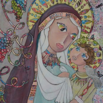 Collagen mit dem Titel "Vierge et enfant" von S.Kor, Original-Kunstwerk, Papier