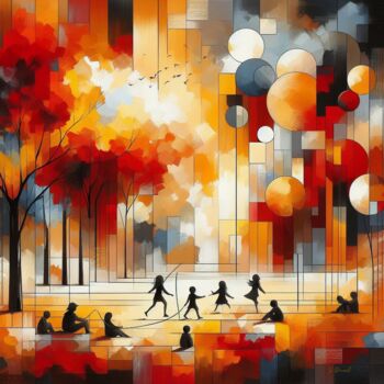 Ζωγραφική με τίτλο "Autumn PicNic" από Stéphanie Roussel, Αυθεντικά έργα τέχνης, Airbrush Τοποθετήθηκε στο Ξύλινο φορείο σκε…