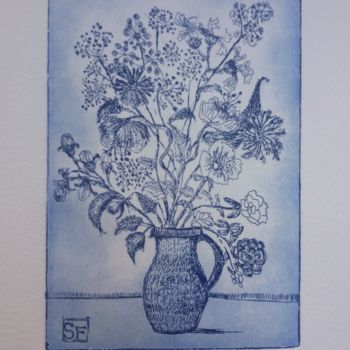 「fleurs bleues」というタイトルの製版 Stéphanie Faivreによって, オリジナルのアートワーク, エッチング